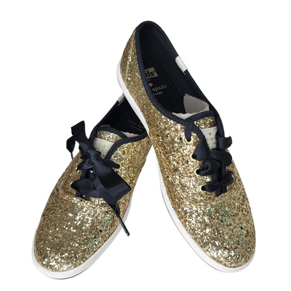 Kate Spade New York keds NIB Women's Gold Glitter Sneakers Sz 6.5M ribbon Laces - Picture 1 of 14